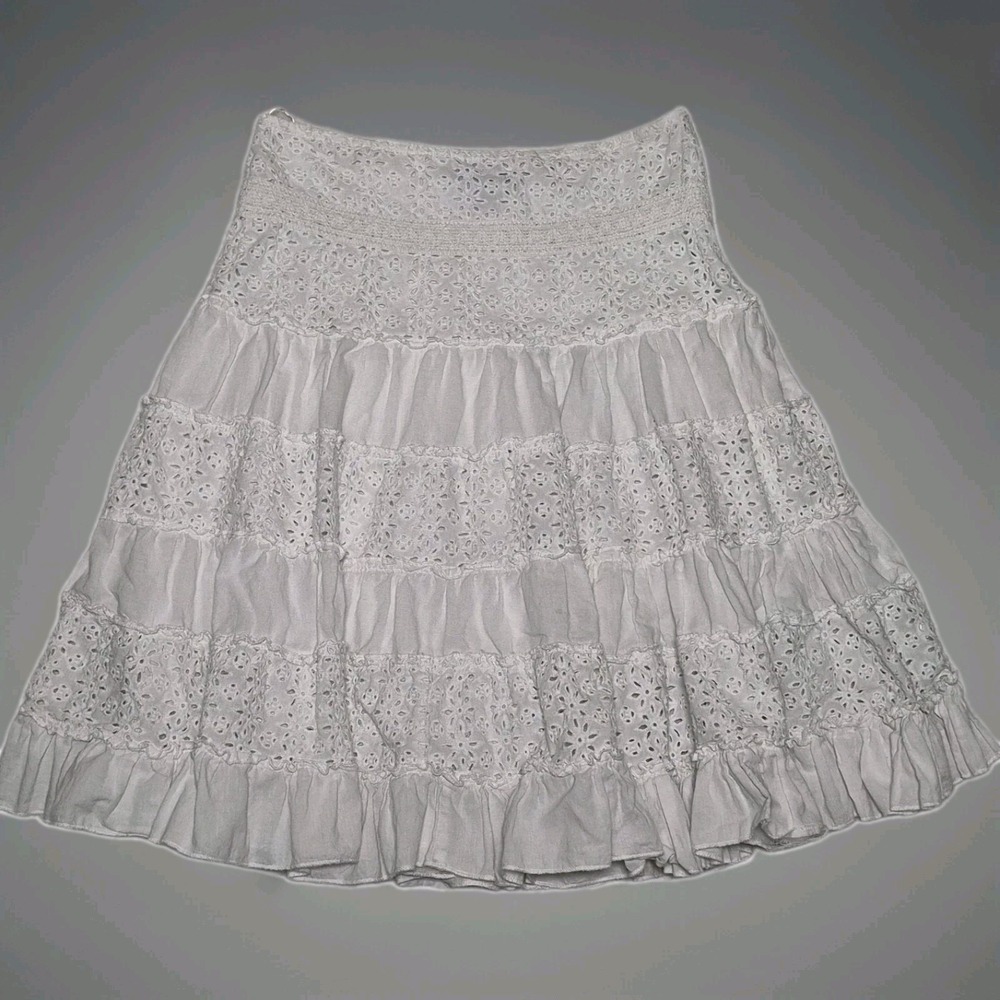 Mix Nouveau White Tiered Eyelet Mini Skirt Boho Cottagecore Coquette Size 4